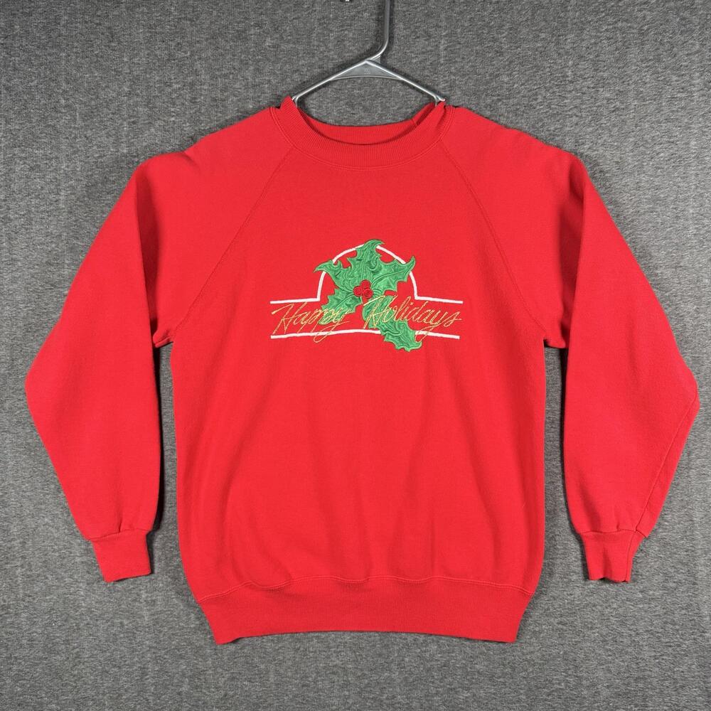 Vintage Hanes Sweatshirt Adult Medium Red Happy Holidays Holly Graphic USA
